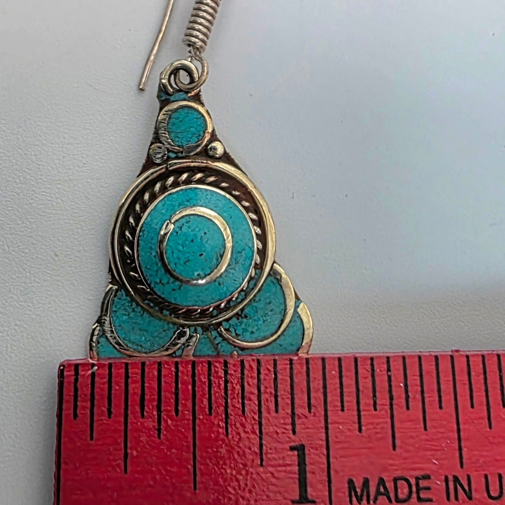 Tibetan Handmade Dangle Earrings In Turquoise Gemstones Boho Style - Picture 6 of 6